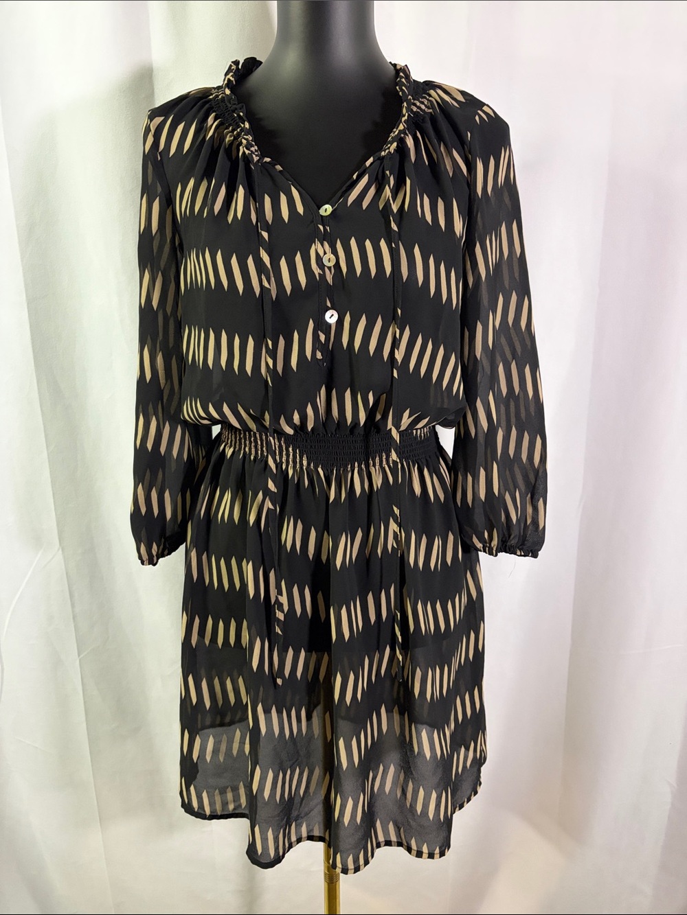 🛍 6 for $35 • Black Rainn Sheer Black & Tan Printed Smocked Waist A-Line Dress